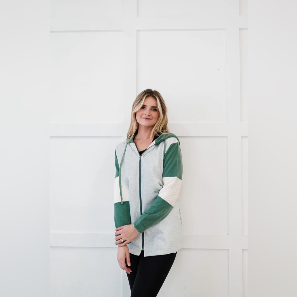 Hem & Thread | Quilted Sleeve Zip-up Hoodie in Sage - Picture 4 of 10
